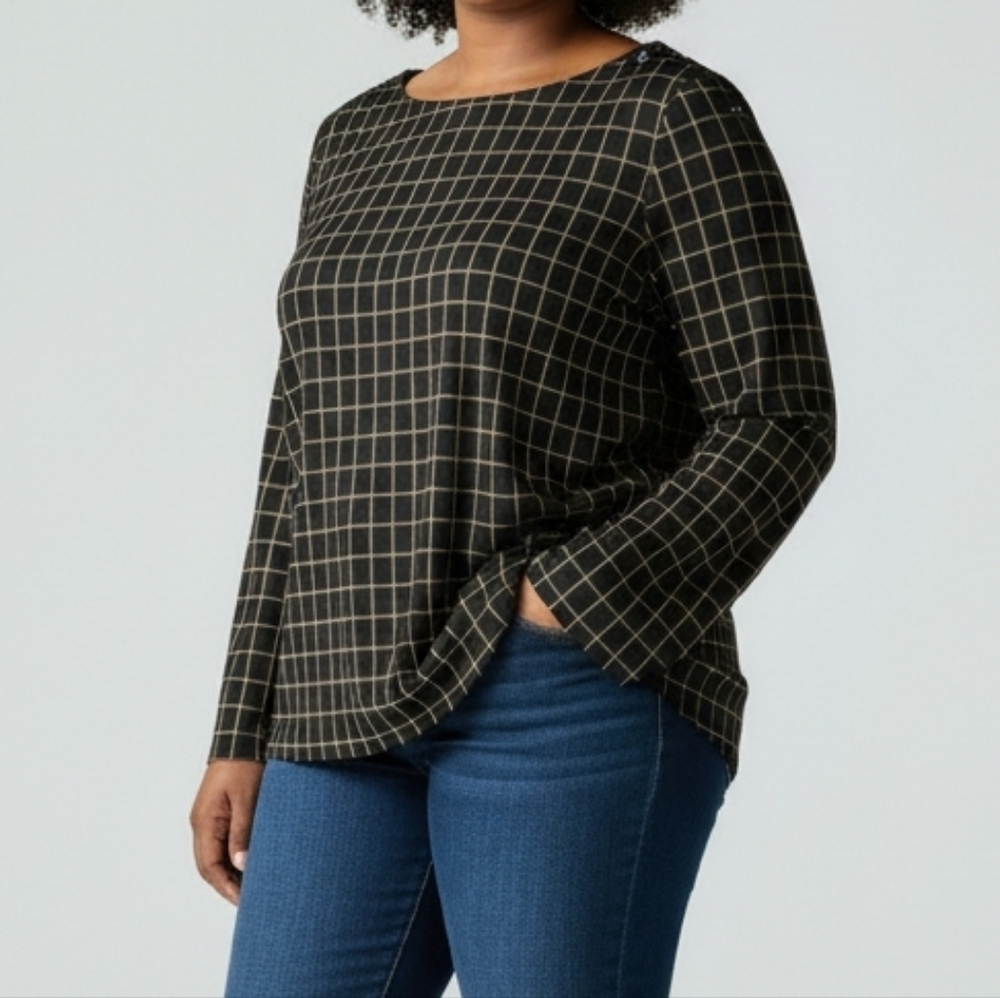 J. Jill Ponte Knit Tunic Black Tan Windowpane Check Button Trim Womens XL Boxy